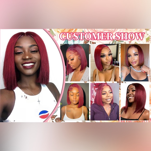 HUMAN HAIR Brazilian Burgundy Lace Frontal 13x4 Bob Wig PrePlucked Hairline 10” - Picture 11 of 12